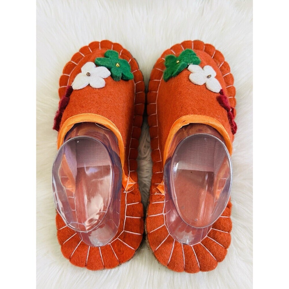 Funky Handmade Orange Wool Felt Slipper House Shoes Floral Applique Boho Sz 9/10